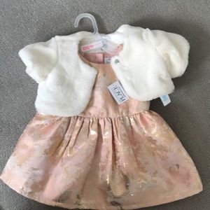 Pink and gold dress with fur shawl